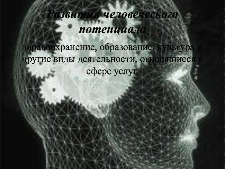 Развития человеческого потенциала здравоохранение, образование, культура и другие виды деятельности, относящиеся к сфере услуг.