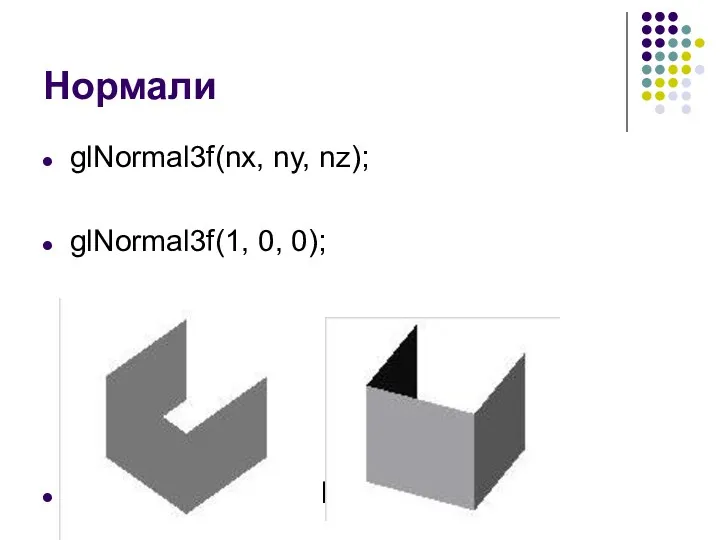 Нормали glNormal3f(nx, ny, nz); glNormal3f(1, 0, 0); glEnable(GL_NORMALIZE)