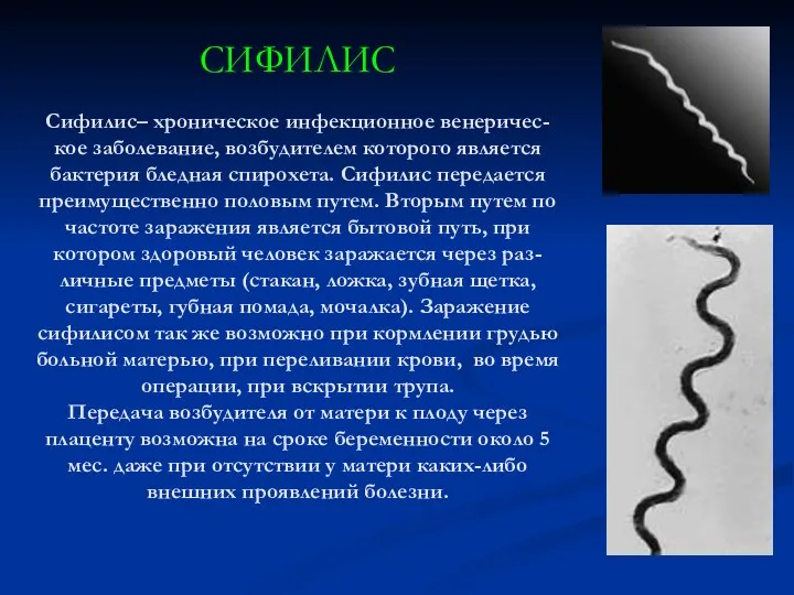 СИФИЛИС Сифилис– хроническое инфекционное венеричес-кое заболевание, возбудителем которого является бактерия