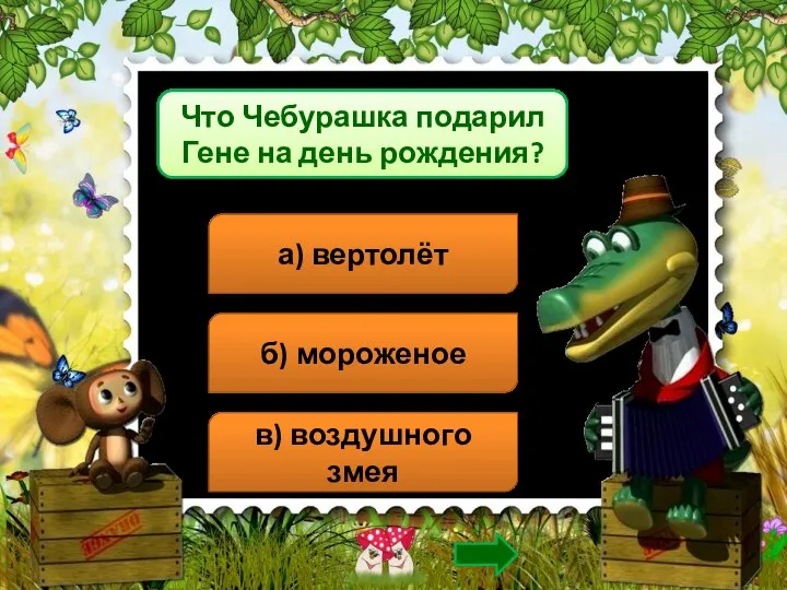 Что Чебурашка подарил Гене на день рождения? а) вертолёт б) мороженое в) воздушного змея