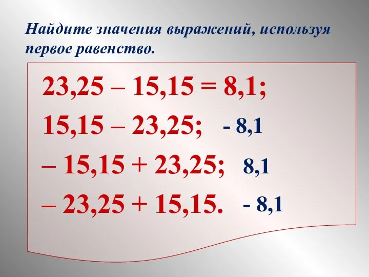 23,25 – 15,15 = 8,1; 15,15 – 23,25; – 15,15