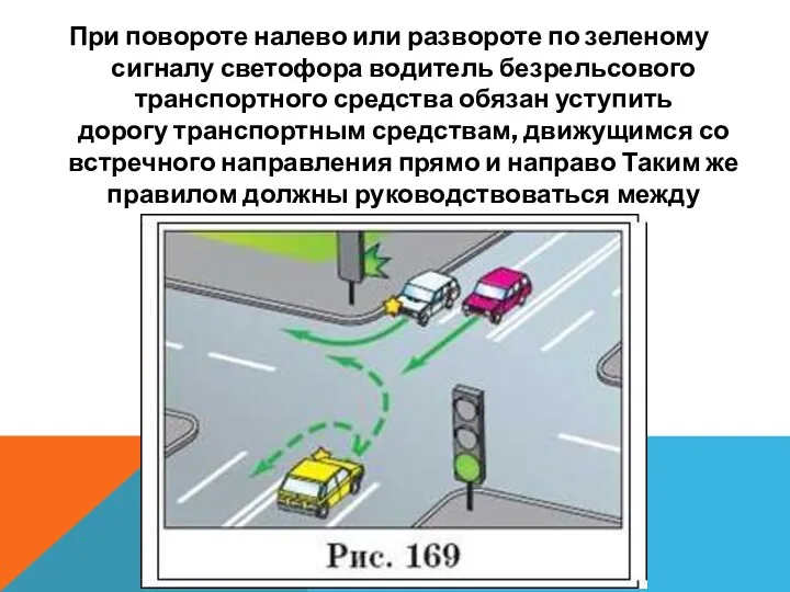 При повороте налево или развороте по зеленому сигналу светофора водитель