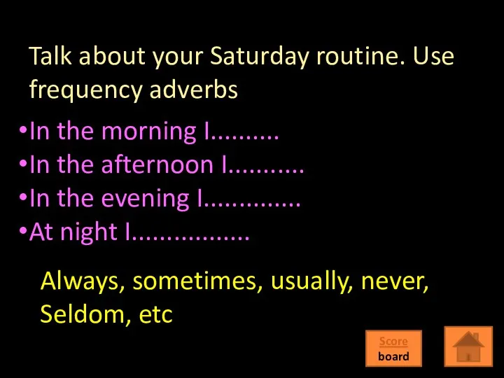 Talk about your Saturday routine. Use frequency adverbs In the