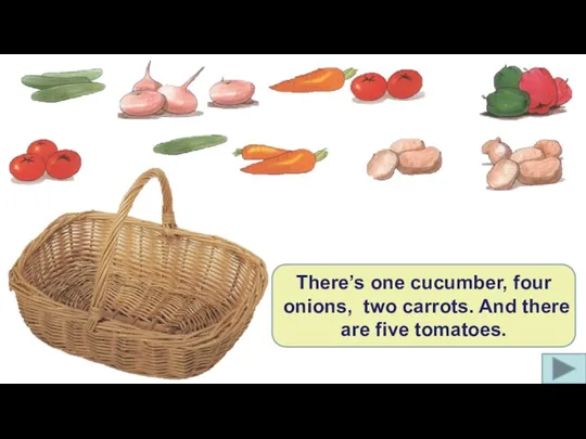 There’s one cucumber, four onions, two carrots. And there are five tomatoes.