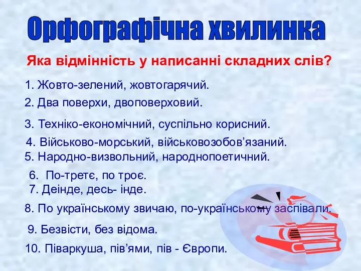 Орфографічна хвилинка Яка відмінність у написанні складних слів? 1. Жовто-зелений,