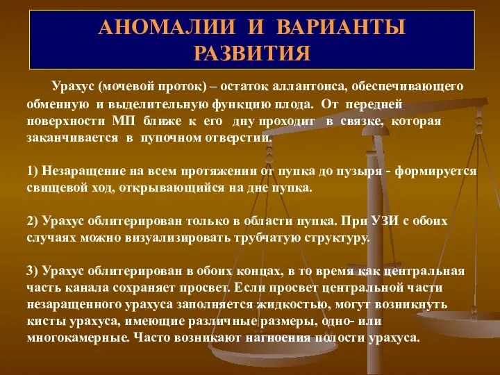 АНОМАЛИИ И ВАРИАНТЫ РАЗВИТИЯ Урахус (мочевой проток) – остаток аллантоиса,