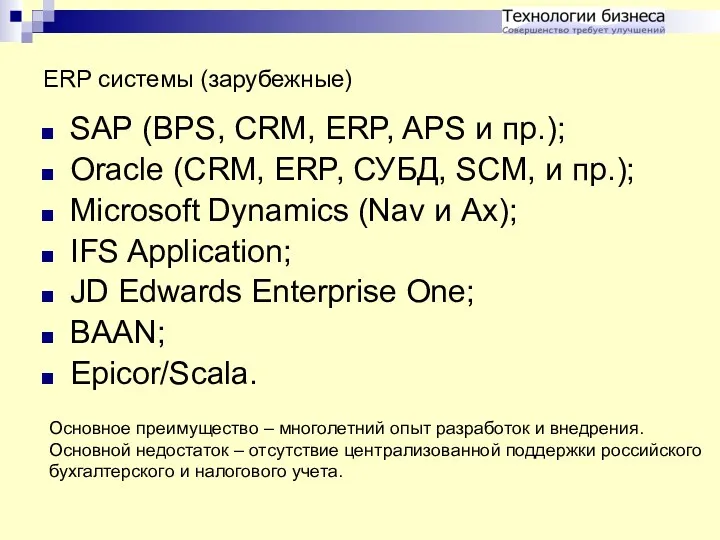 ERP системы (зарубежные) SAP (BPS, CRM, ERP, APS и пр.);