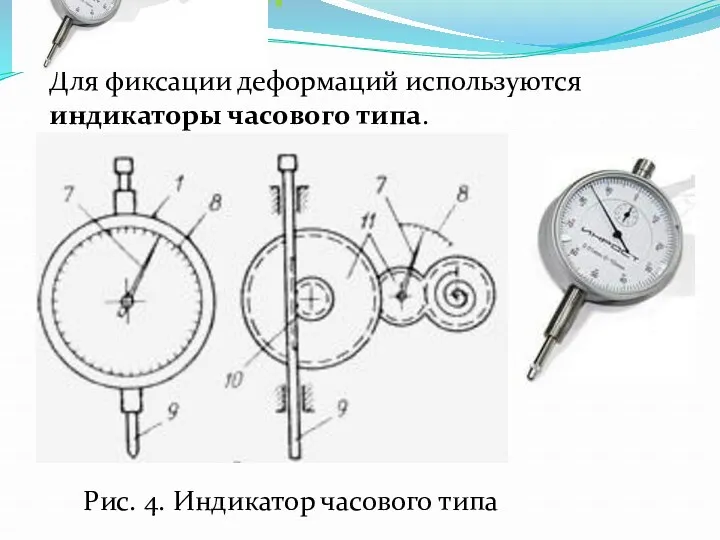 Приборы для линейных измерений Рис. 4. Индикатор часового типа Для фиксации деформаций используются индикаторы часового типа.