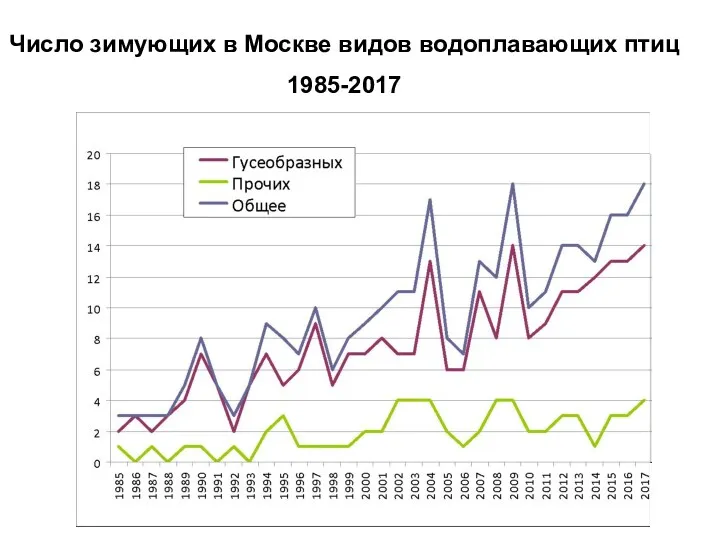 Число зимующих в Москве видов водоплавающих птиц 1985-2017