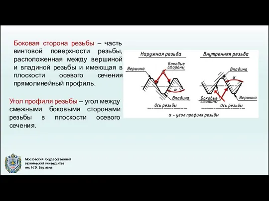 Боковая сторона резьбы – часть винтовой поверхности резьбы, расположенная между