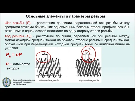 Шаг резьбы (Р) - расстояние до линии, параллельной оси резьбы