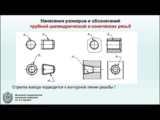 Нанесение размеров и обозначений трубной цилиндрической и конических резьб Стрелка