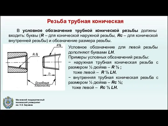 Резьба трубная коническая В условное обозначение трубной конической резьбы должны