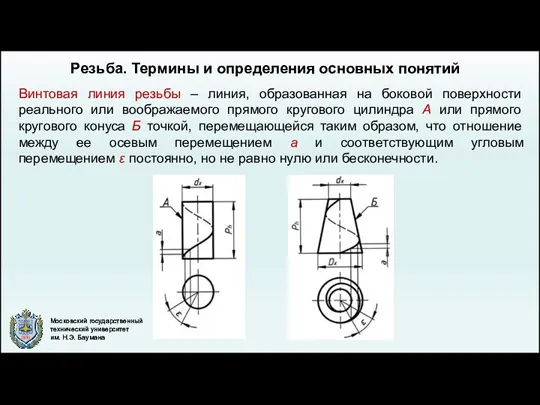 Резьба. Термины и определения основных понятий Винтовая линия резьбы –