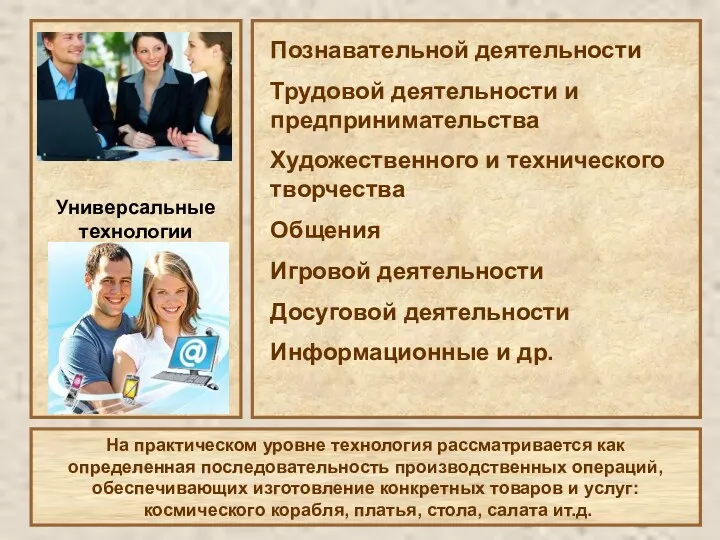 Универсальные технологии Познавательной деятельности Трудовой деятельности и предпринимательства Художественного и