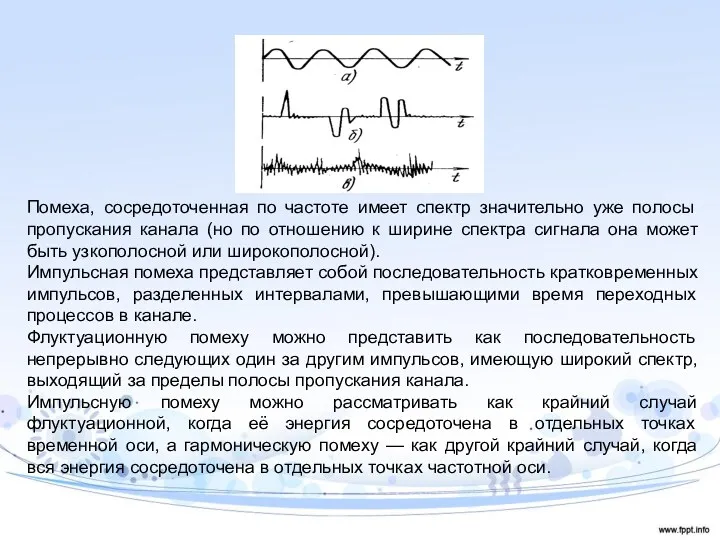 Помеха, сосредоточенная по частоте имеет спектр значительно уже полосы пропускания