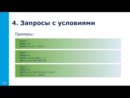 Примеры: 4. Запросы с условиями 12 SELECT * FROM track