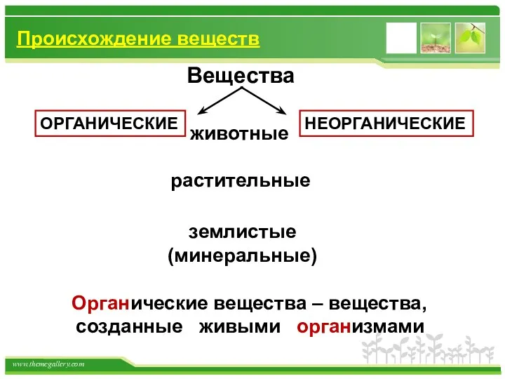 Происхождение веществ Вещества животные растительные землистые (минеральные) ОРГАНИЧЕСКИЕ НЕОРГАНИЧЕСКИЕ ические