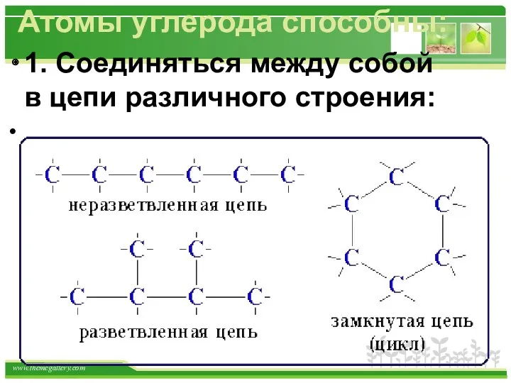 1. Соединяться между собой в цепи различного строения: Атомы углерода способны: