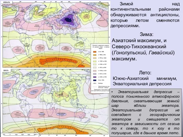 Зима: Азиатский максимум, и Северо-Тихоокеанский (Гонолульский, Гавайский) максимум. Лето: Южно-Азиатский