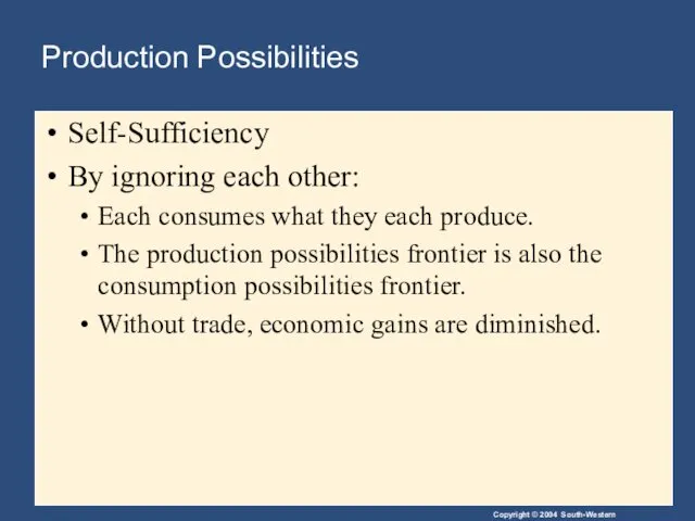 Production Possibilities Self-Sufficiency By ignoring each other: Each consumes what