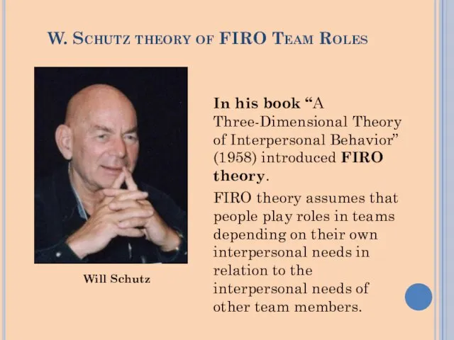 W. Schutz theory of FIRO Team Roles In his book “A Three-Dimensional Theory