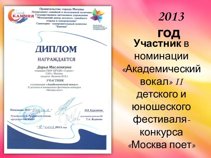 Участник в номинации «Академический вокал» II детского и юношеского фестиваля-конкурса «Москва поет» 2013 год
