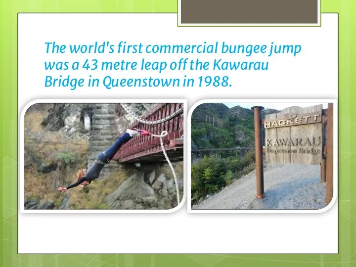 The world's first commercial bungee jump was a 43 metre