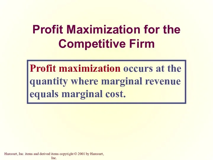 Profit Maximization for the Competitive Firm Profit maximization occurs at the quantity where