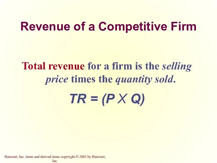 Revenue of a Competitive Firm Total revenue for a firm is the selling