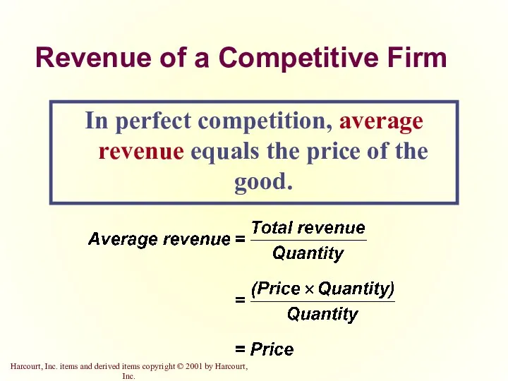 Revenue of a Competitive Firm In perfect competition, average revenue equals the price of the good.