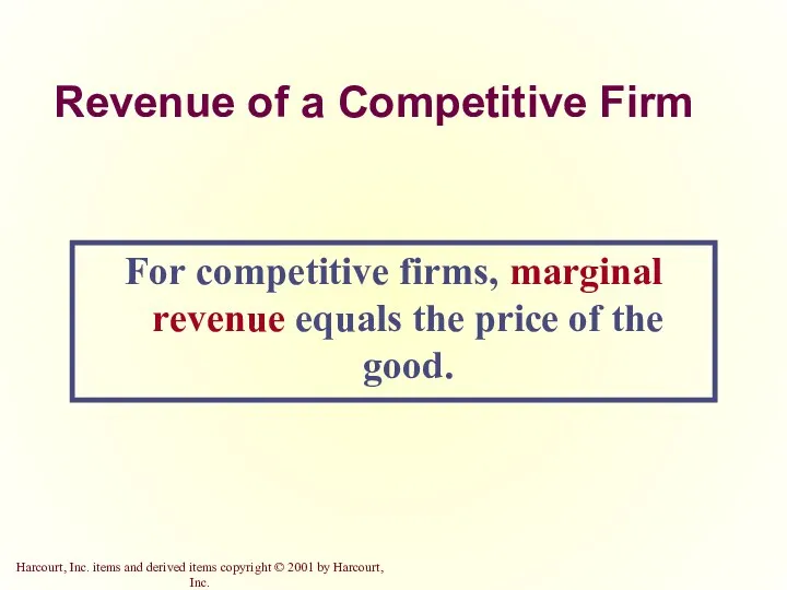 Revenue of a Competitive Firm For competitive firms, marginal revenue equals the price of the good.