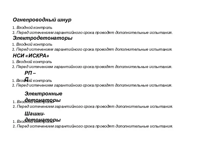 Огнепроводный шнур 1. Входной контроль 2. Перед истечением гарантийного срока проводят дополнительные испытания.