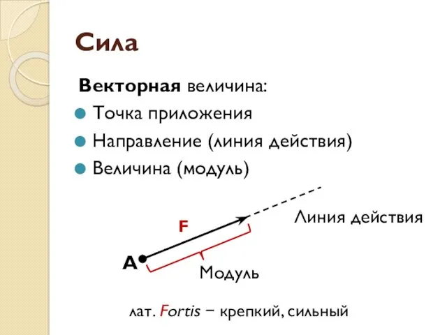 Сила Векторная величина: Точка приложения Направление (линия действия) Величина (модуль) А Модуль Линия