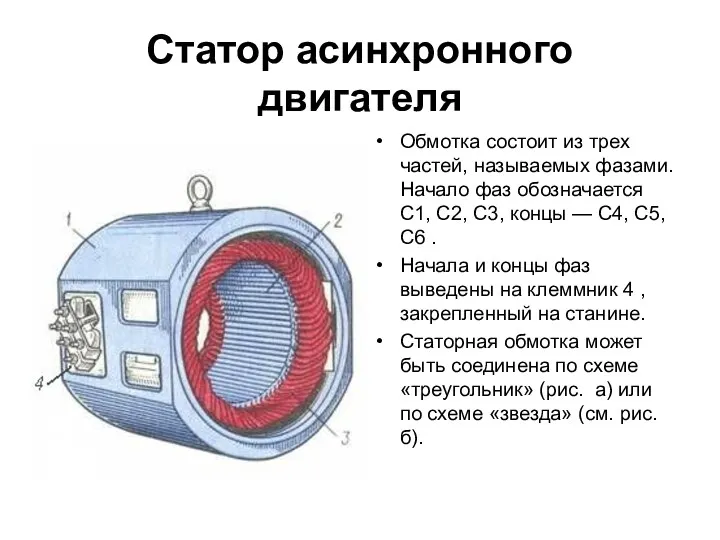 Статор асинхронного двигателя Обмотка состоит из трех частей, называемых фазами. Начало фаз обозначается