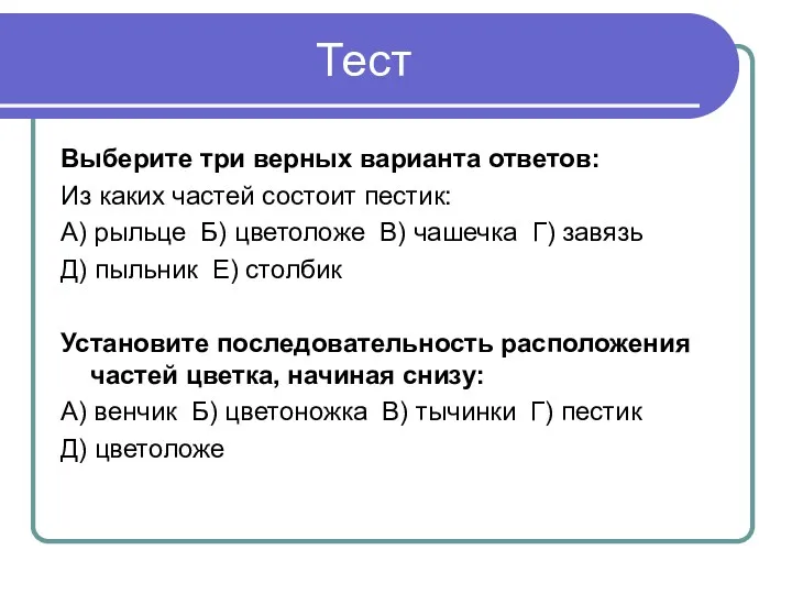 Тест Выберите три верных варианта ответов: Из каких частей состоит