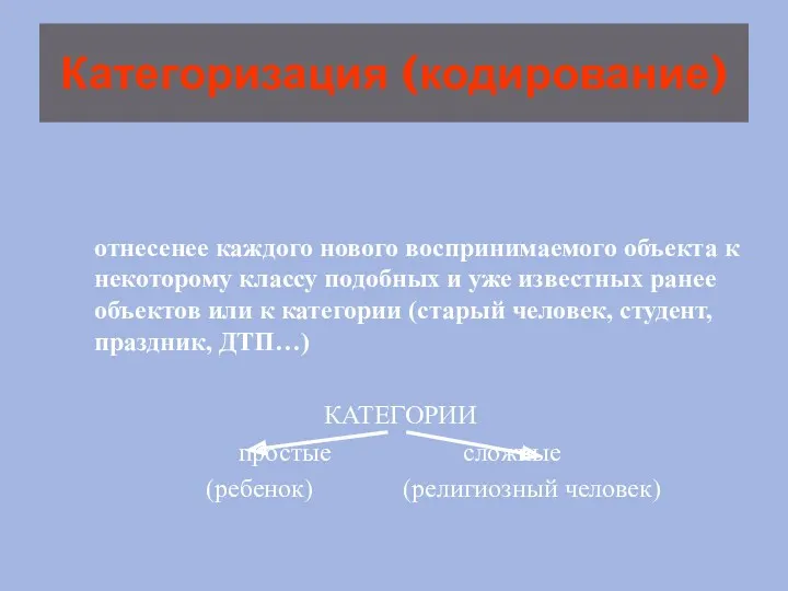 Категоризация (кодирование) отнесенее каждого нового воспринимаемого объекта к некоторому классу