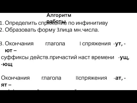 Определить спряжение по инфинитиву Образовать форму 3лица мн.числа. Окончания глагола