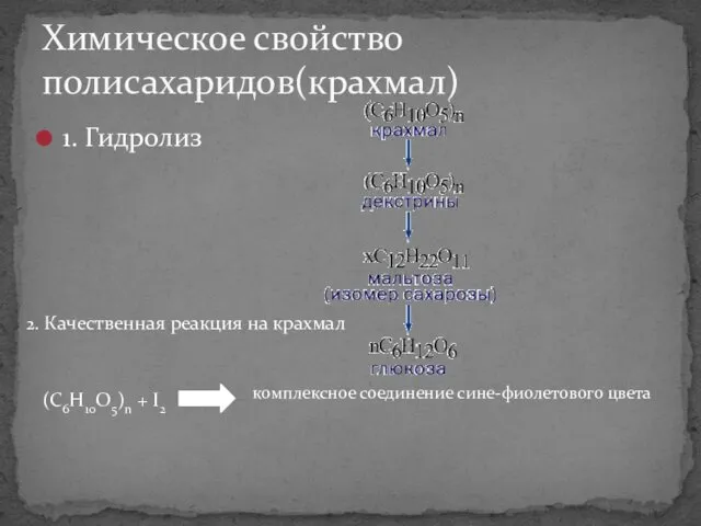 1. Гидролиз Химическое свойство полисахаридов(крахмал) 2. Качественная реакция на крахмал