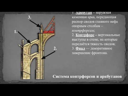 1. Аркбутан – наружная каменная арка, передающая распор сводов главного
