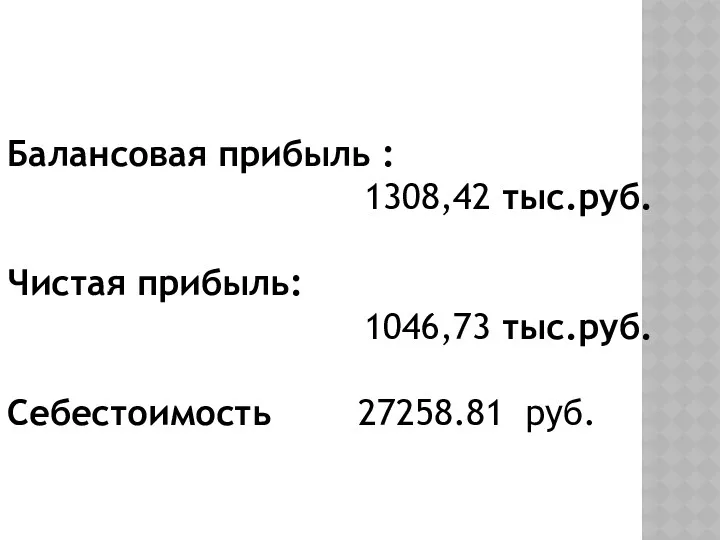 Балансовая прибыль : 1308,42 тыс.руб. Чистая прибыль: 1046,73 тыс.руб. Себестоимость 27258.81 руб.