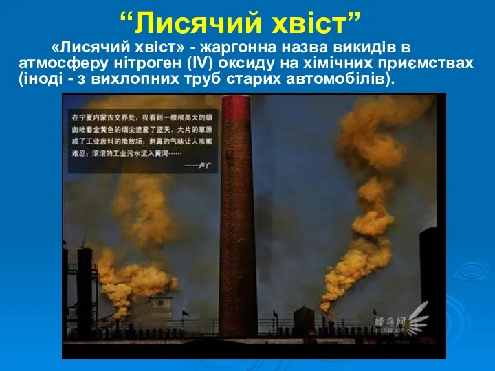 “Лисячий хвіст” «Лисячий хвіст» - жаргонна назва викидів в атмосферу