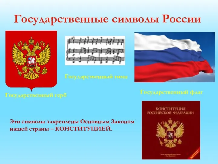 Государственные символы России Государственный герб Государственный флаг Государственный гимн Эти символы закреплены Основным