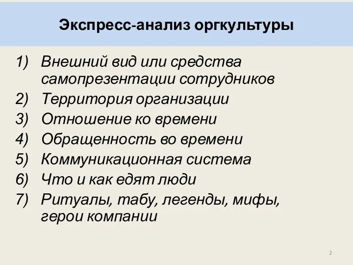 Экспресс-анализ оргкультуры Внешний вид или средства самопрезентации сотрудников Территория организации