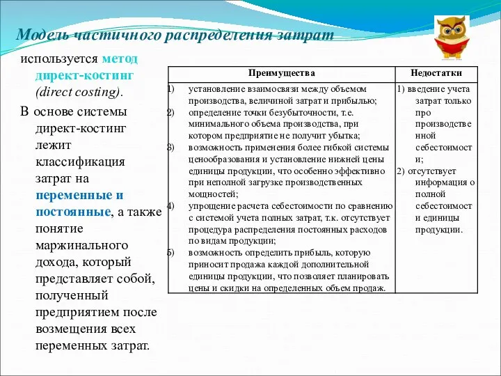 Модель частичного распределения затрат используется метод директ-костинг (direct costing). В