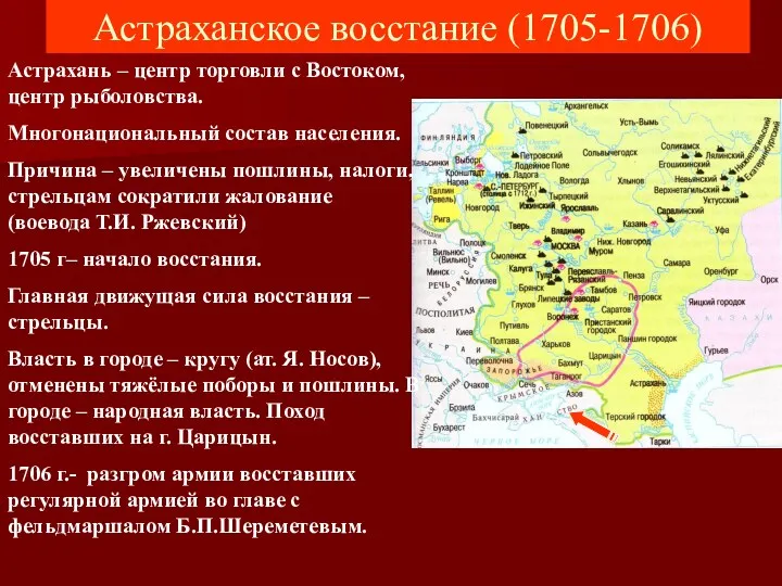 Астраханское восстание (1705-1706) Астрахань – центр торговли с Востоком, центр рыболовства. Многонациональный состав