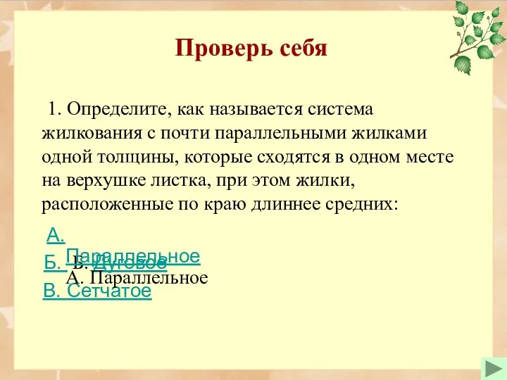 Проверь себя 1. Определите, как называется система жилкования с почти