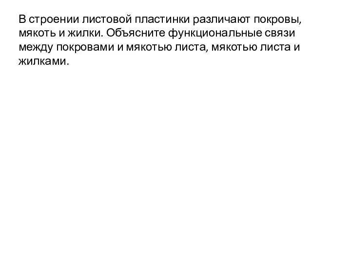 В строении листовой пластинки различают покровы, мякоть и жилки. Объясните