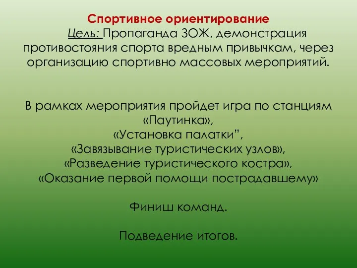 Спортивное ориентирование Цель: Пропаганда ЗОЖ, демонстрация противостояния спорта вредным привычкам,