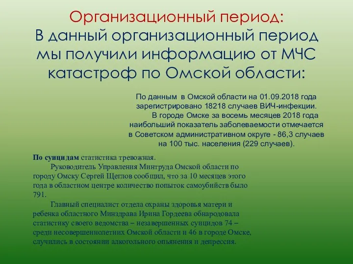 Организационный период: В данный организационный период мы получили информацию от